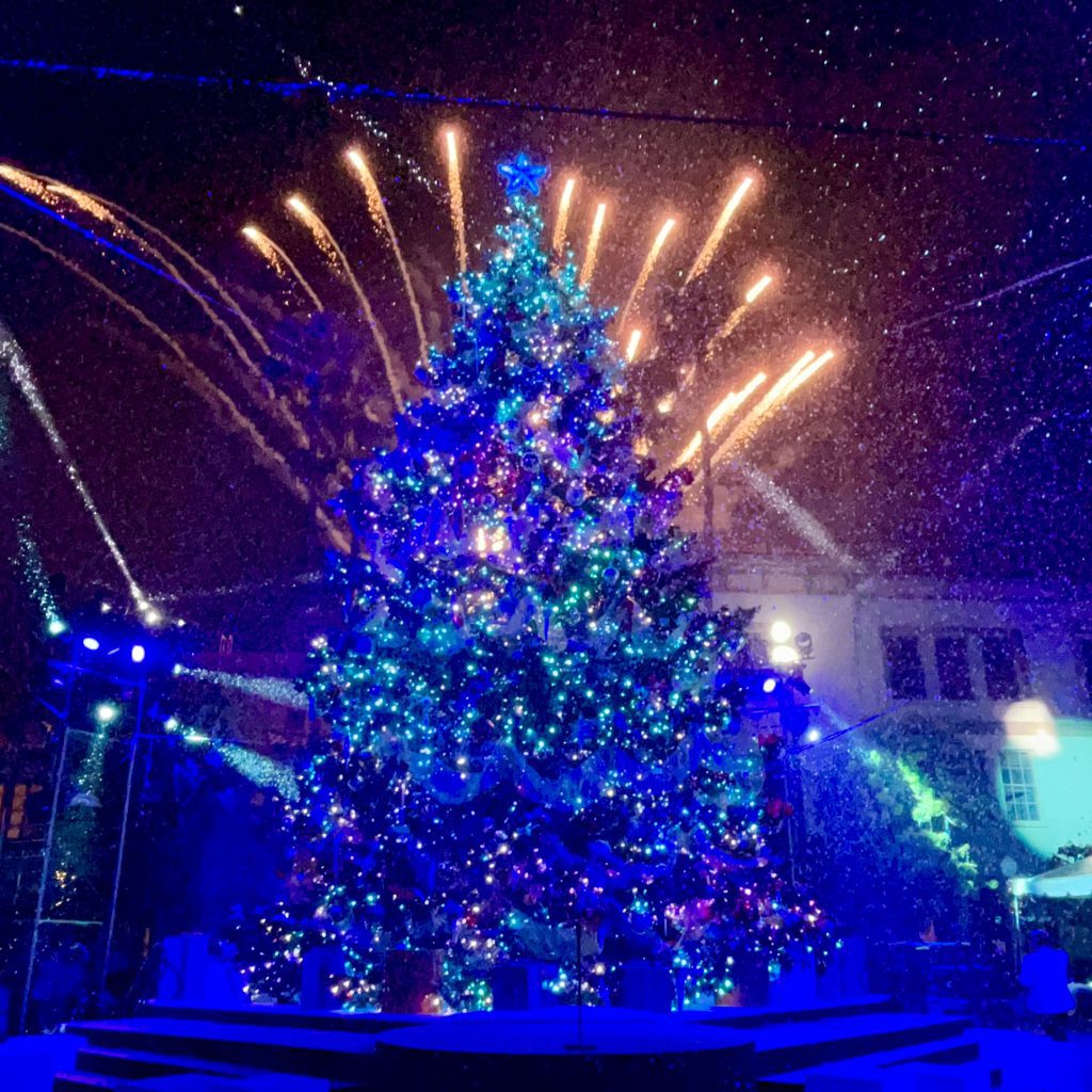 Fireworks bursting behind a glistening Christmas tree, covered in LED lights, lit up all blue, with subtle falling snow, at the Paramount Studios lot in Hollywood, CA. Music for the event was created by EmotionCrafters.